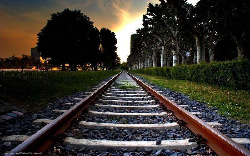 Railroad Tracks at Sunset — Orange, Dramatic, Photograph, Trees
