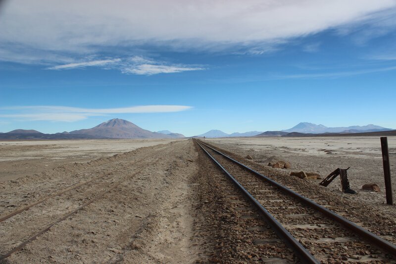 Railroad Tracks in Desert — Blue, Desolate, Afternoon