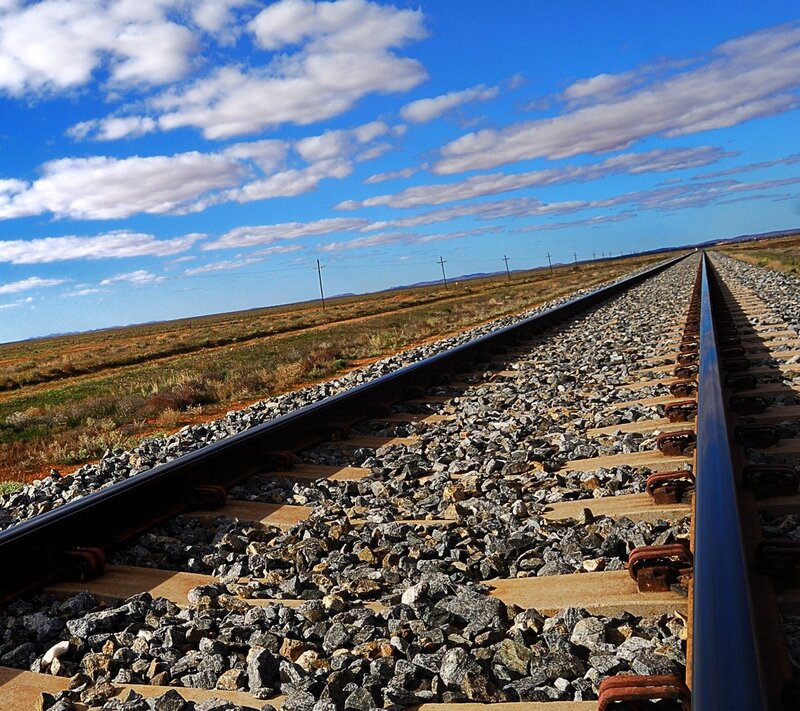 Railroad Tracks in Desert — Blue, Open