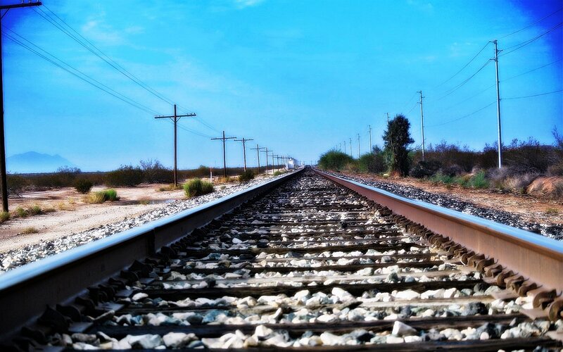 Railroad Tracks in Desert — Blue, Serene