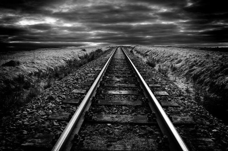 Railroad Tracks in Field — Black, Dramatic