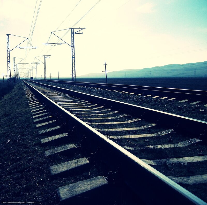 Railroad Tracks in Field — Blue, Dramatic, Afternoon, Photograph