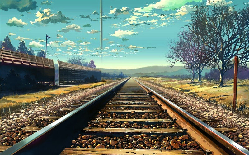 Railroad Tracks in Field — Blue, Serene, Afternoon