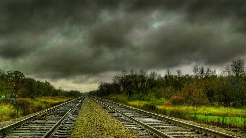 Railroad Tracks in Field — Green, Dramatic, Autumn