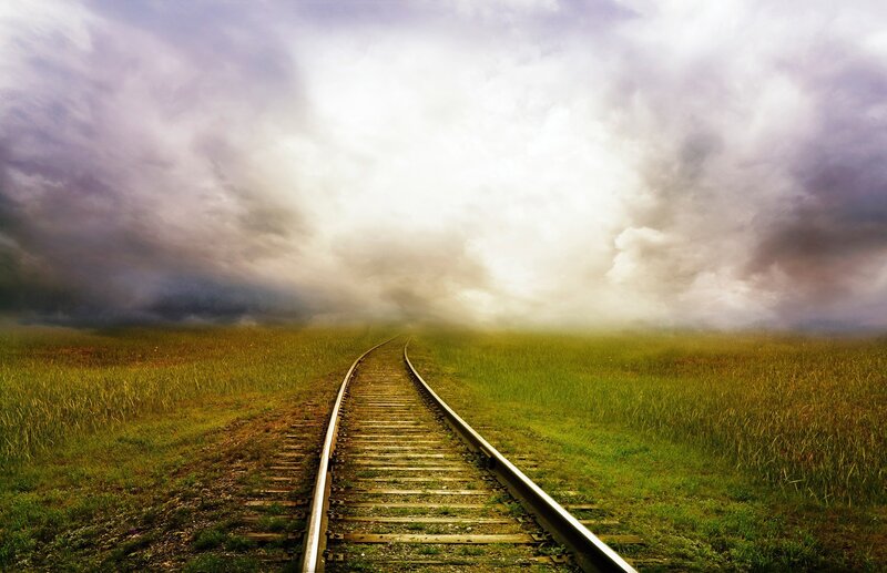 Railroad Tracks in Field — Green, Dramatic, Photograph