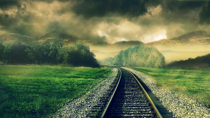 Railroad Tracks in Field — Green, Dramatic