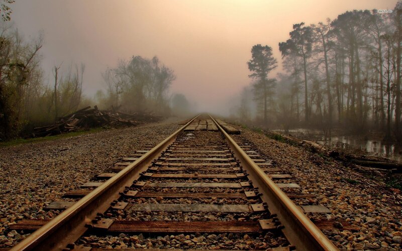 Railroad Tracks in Fog — Brown, Misty