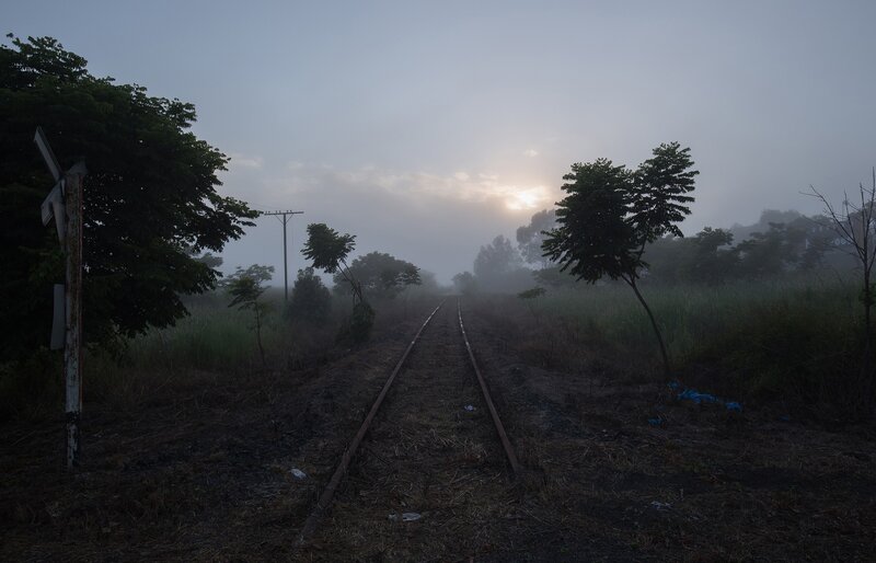 Railroad Tracks in Fog — Gray, Misty