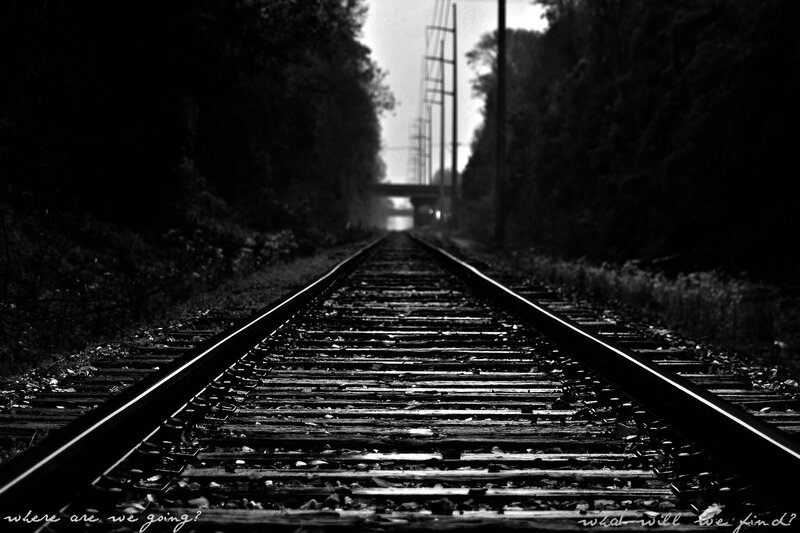 Railroad Tracks in Forest — Black, Dramatic