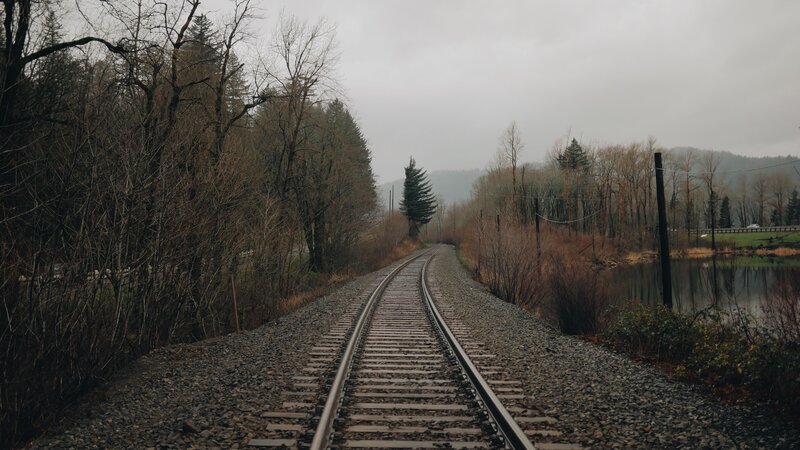 Railroad Tracks in Forest — Gray, Dreary, Autumn