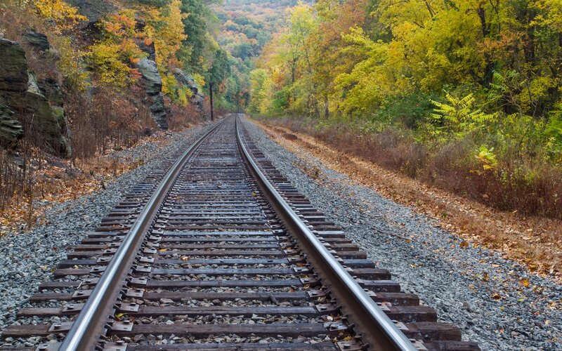Railroad Tracks in Forest — Green, Serene, Autumn, Photograph, Trees, Rocks