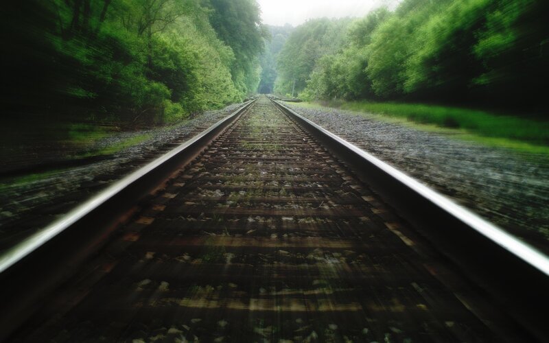 Railroad Tracks in Forest — Green, Serene, Morning, Photograph, Trees, Gravel