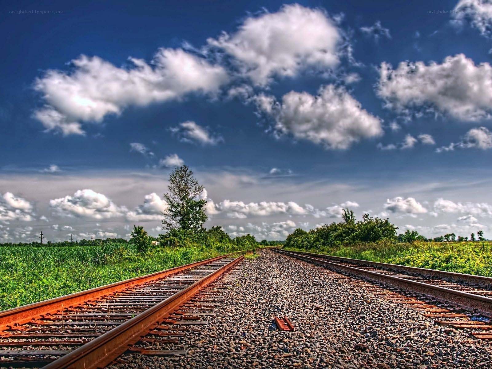 Railroad tracks under a blue sky