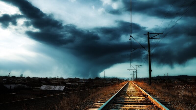 Railroad Tracks under Storm — Blue