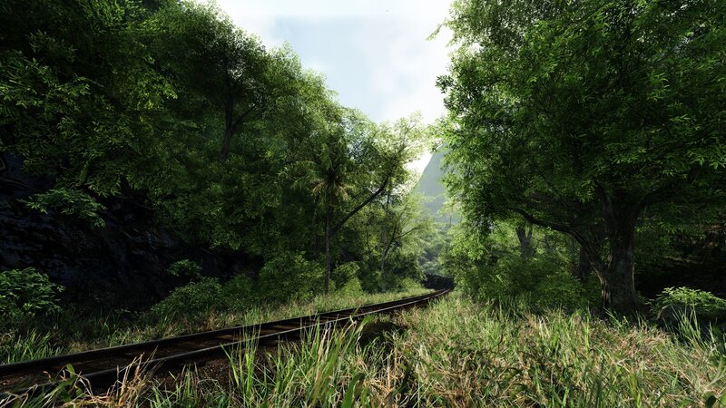 railway through lush forest