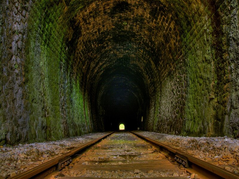 railway tunnel with green moss