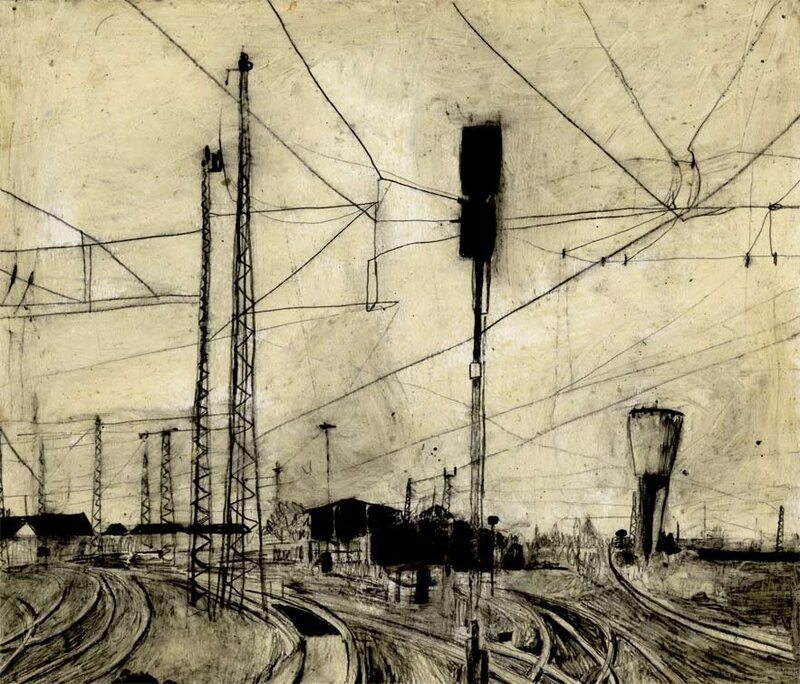 Railway yard with overhead lines