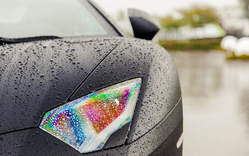 Rain-covered Car Headlight