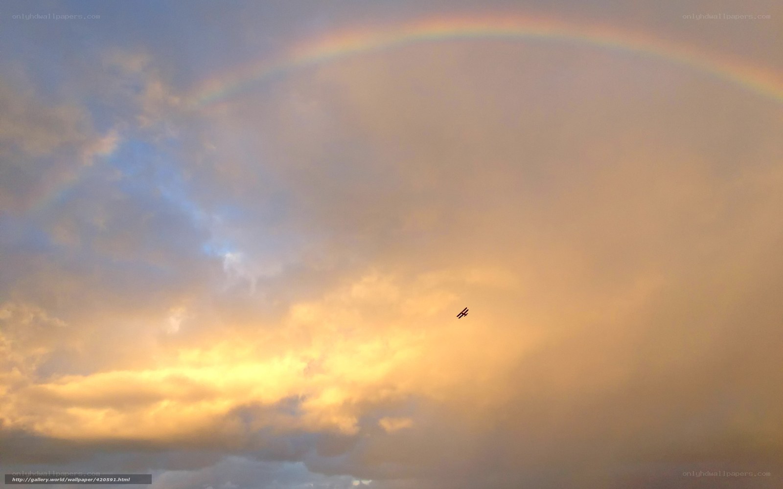 Rainbow and airplane in sunset sky