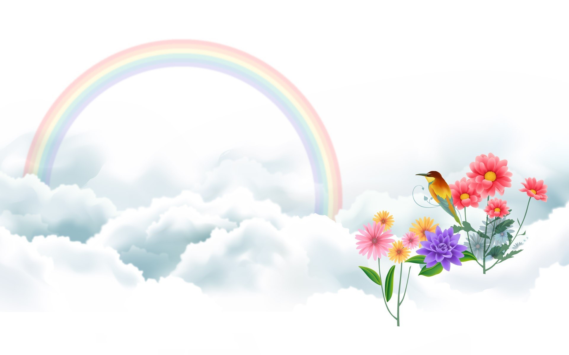 Rainbow and flowers in sky