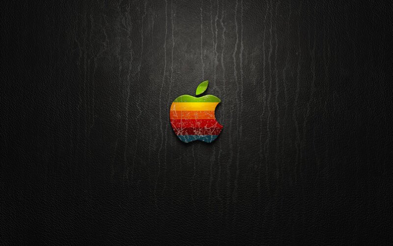 Rainbow Apple Logo — Black, Minimalist, Digital Art, Leather Texture, Leaf, Multicolor