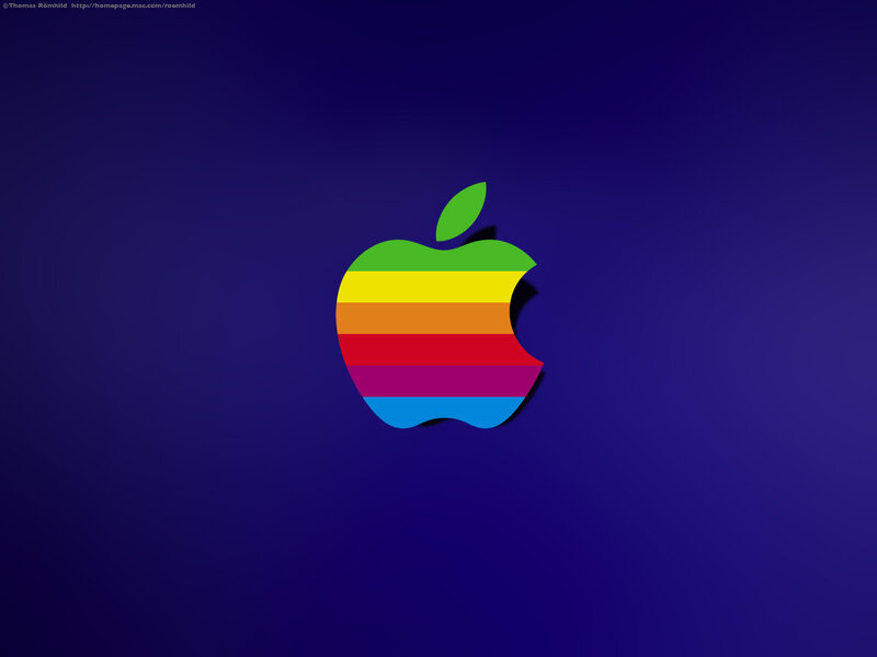 Rainbow Apple logo on blue