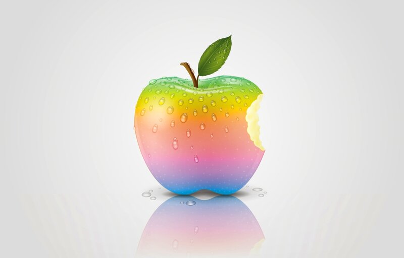 Rainbow Apple with Bite — Green, Clean, Digital Art, Leaf, Bite Mark