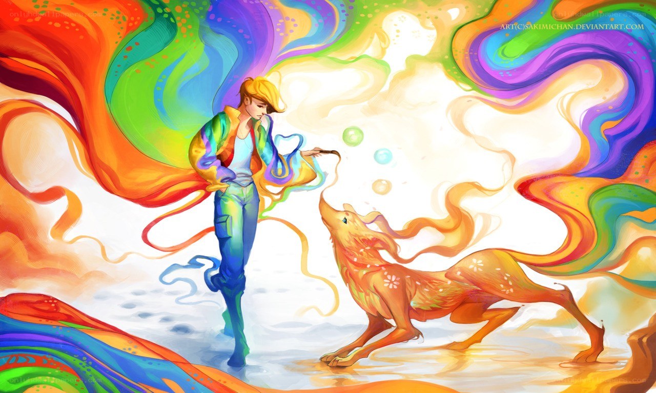 rainbow art with boy and fox