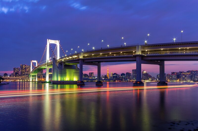 Rainbow Bridge at Night — Blue, Dramatic, Photograph