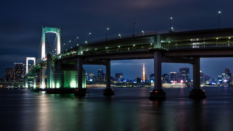 Rainbow Bridge at Night — Blue, Serene, Photograph, City Skyline, Tokyo Tower