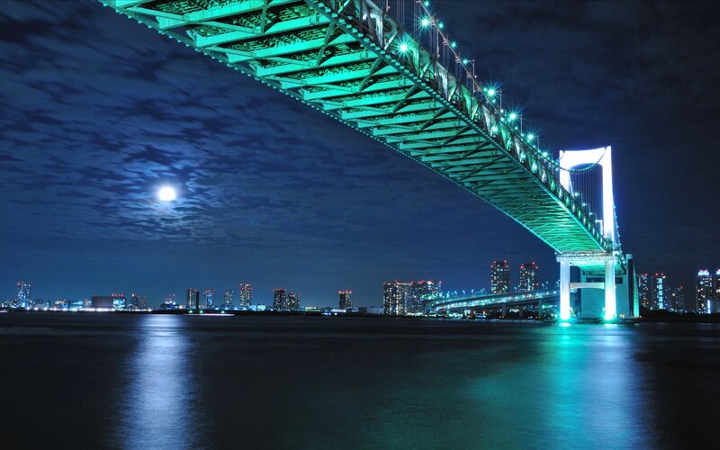 Rainbow Bridge at Night — Blue, Serene, Photograph, Moon