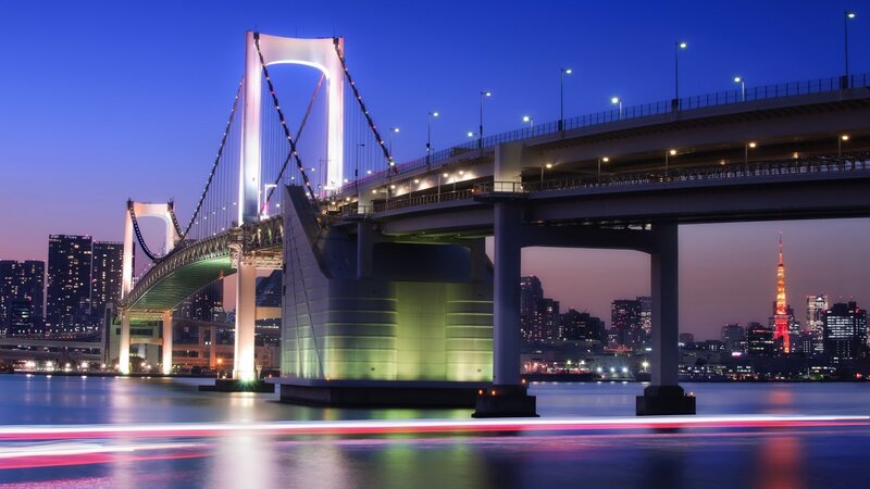 Rainbow Bridge at Night — Blue, Serene, Photograph, Tokyo Tower