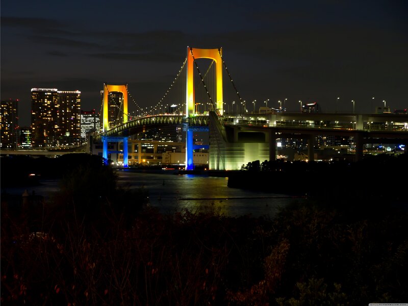 Rainbow Bridge at Night — Yellow, Dramatic, Photograph, City Skyline