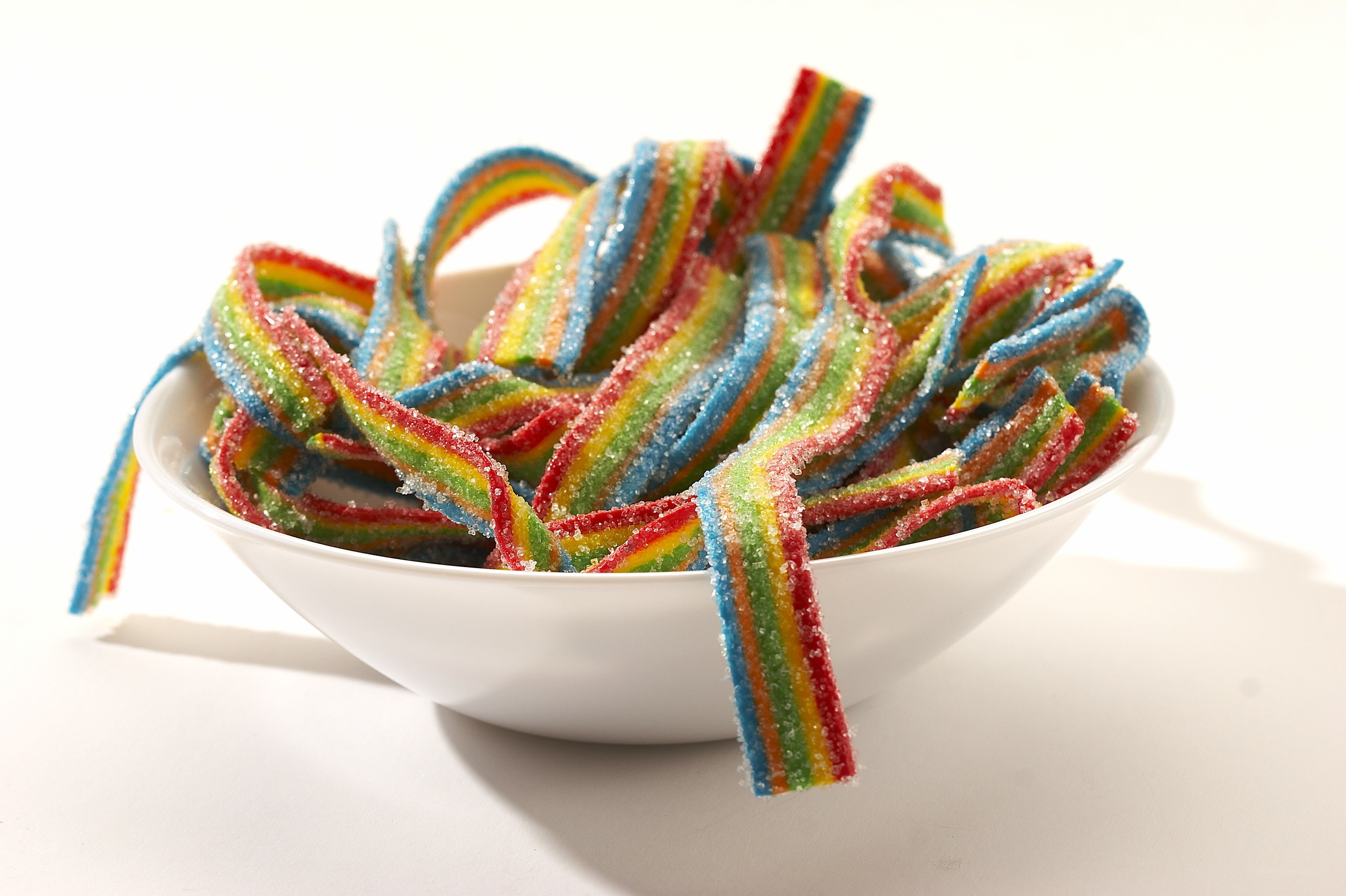 Rainbow candy strips in a bowl