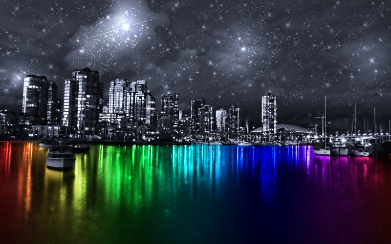 rainbow city lights reflection