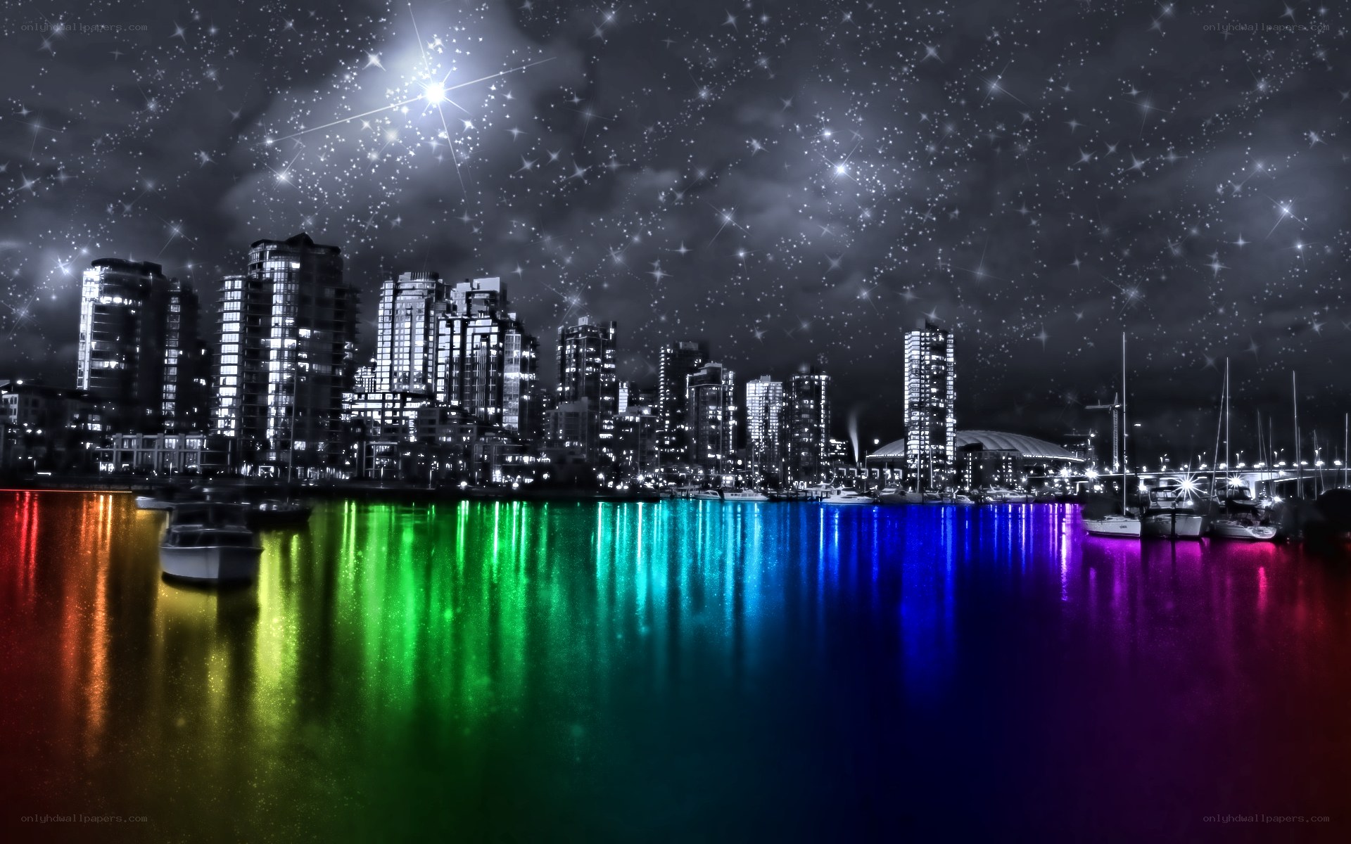 rainbow city lights reflection