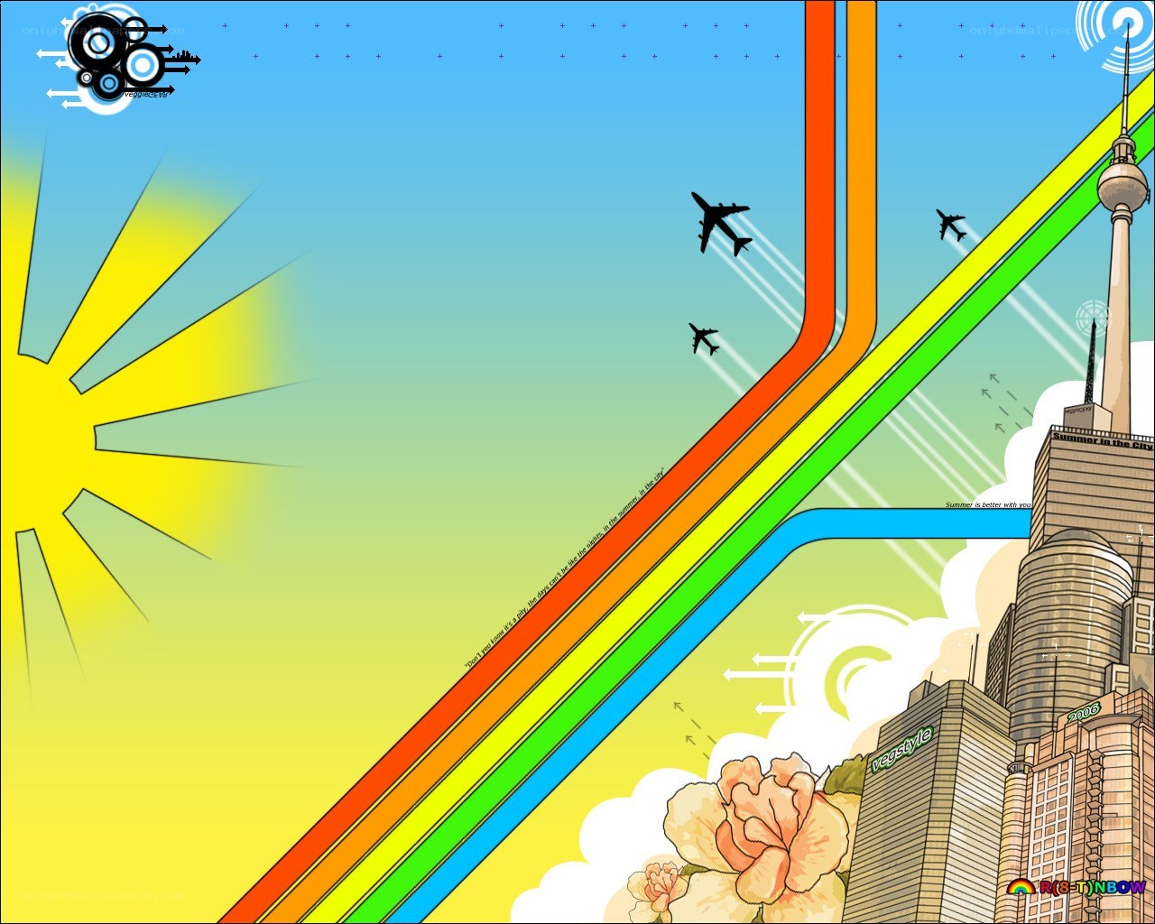 Rainbow city with sun and planes