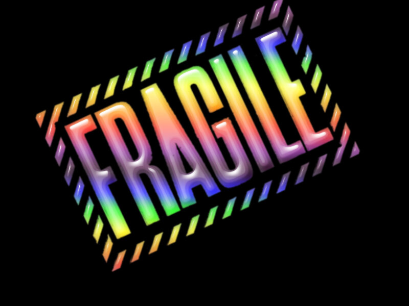 rainbow-colored fragile label