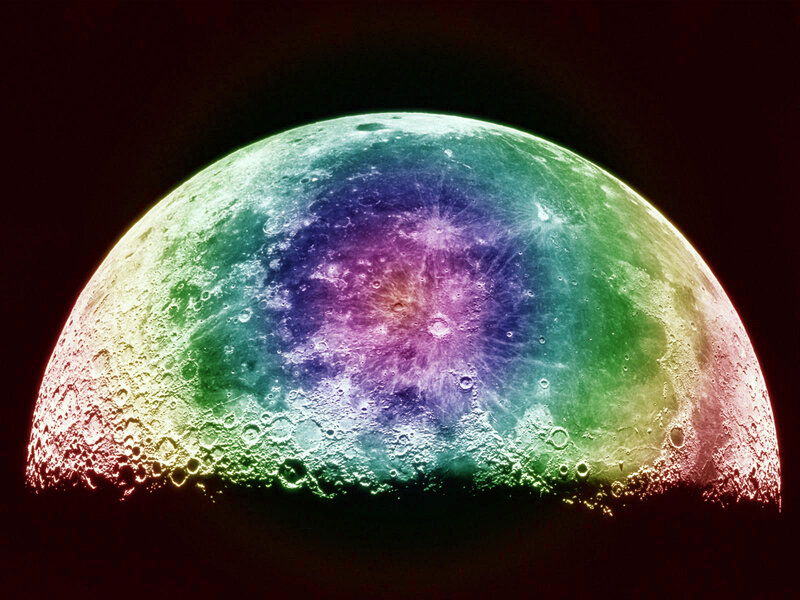 rainbow-colored moon surface