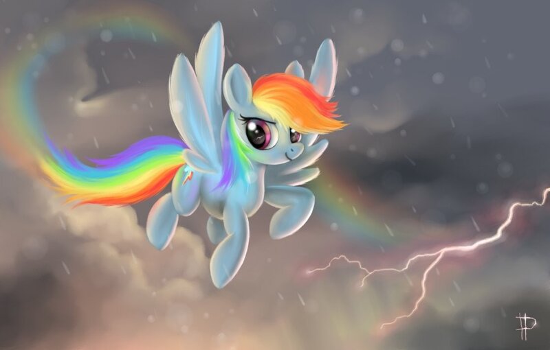Rainbow-colored Pegasus — Blue, Dramatic, Digital Art, Rain