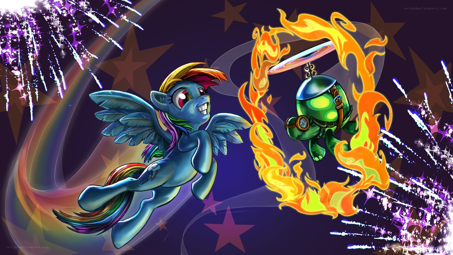 Rainbow Dash and a turtle in fireworks