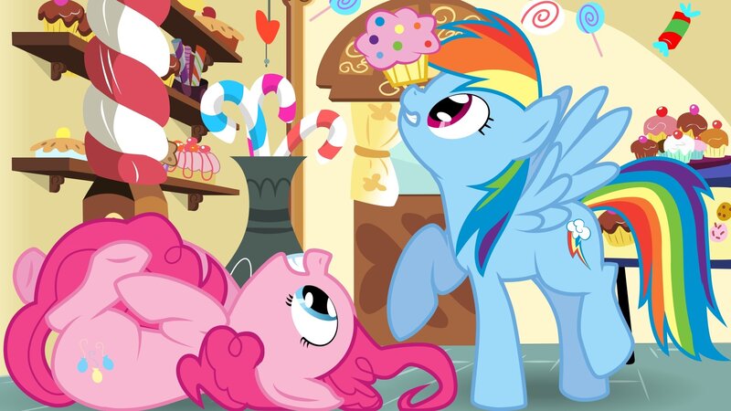 Rainbow Dash and Pinkie Pie in a candy shop