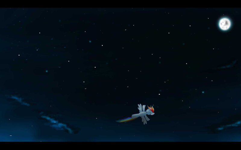 Rainbow Dash flying at night