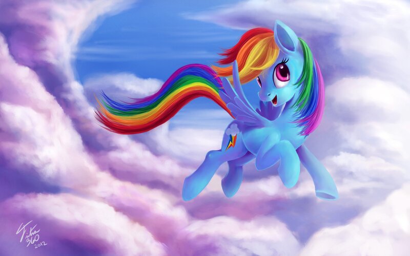 Rainbow Dash flying in clouds