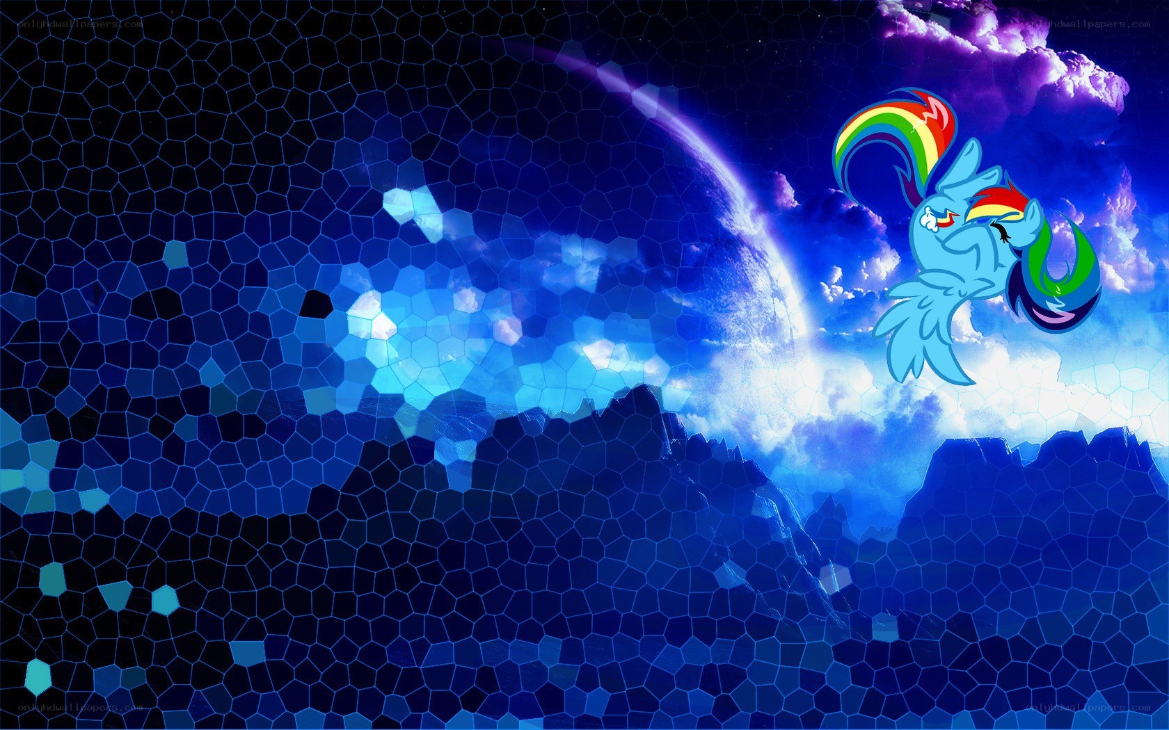Rainbow Dash flying over planet