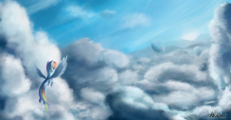 Rainbow Dash flying through clouds