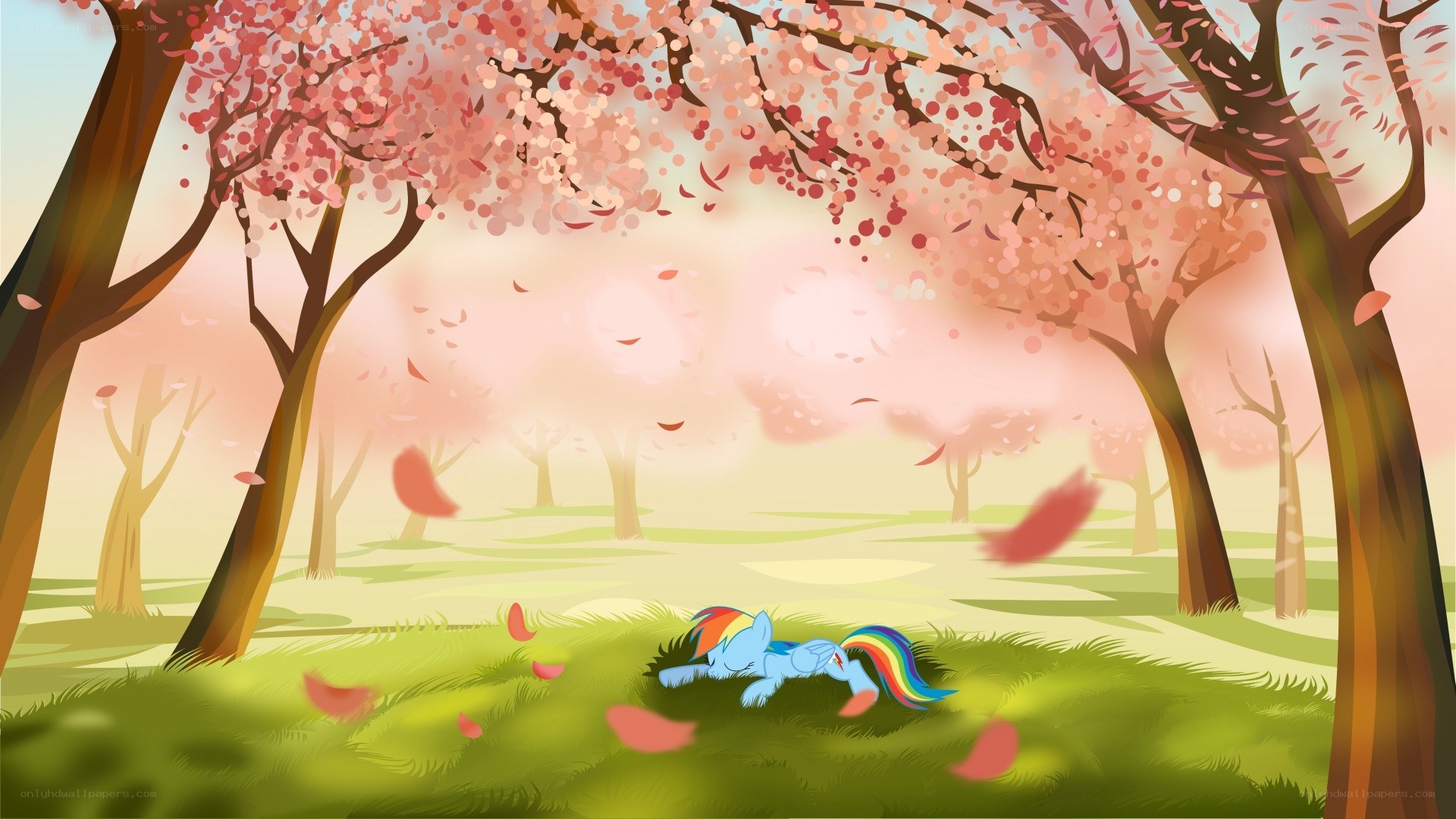 Rainbow Dash in cherry blossom forest