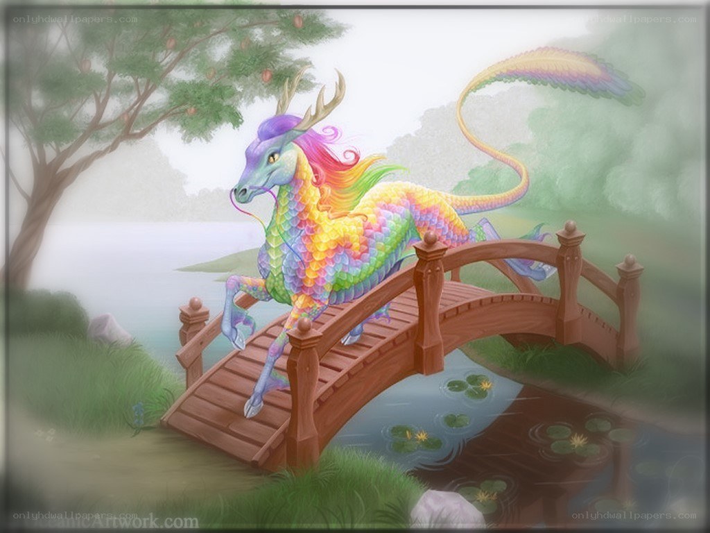 rainbow dragon on a bridge