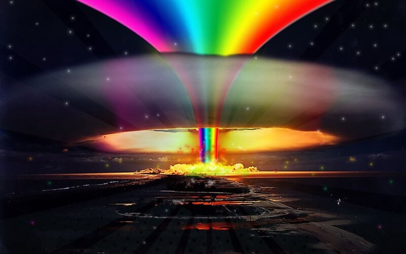 Rainbow Explosion over Water — Dramatic, Night, Digital Art, Clouds, Stars