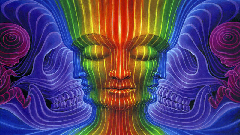 Rainbow face with skulls